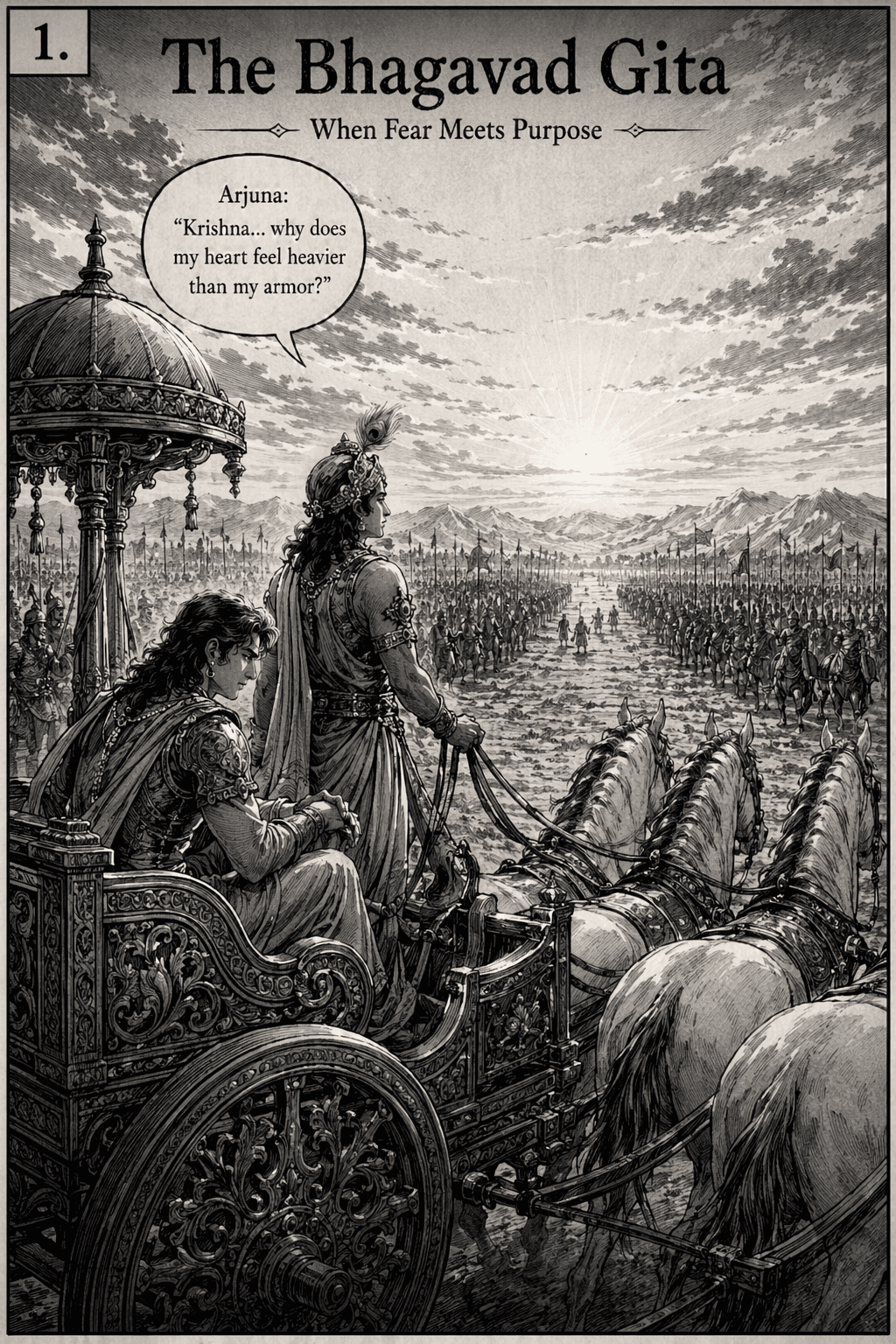 The Bhagavad Gita - When Fear Meets Purpose. Arjuna and Krishna on the chariot at the battlefield of Kurukshetra