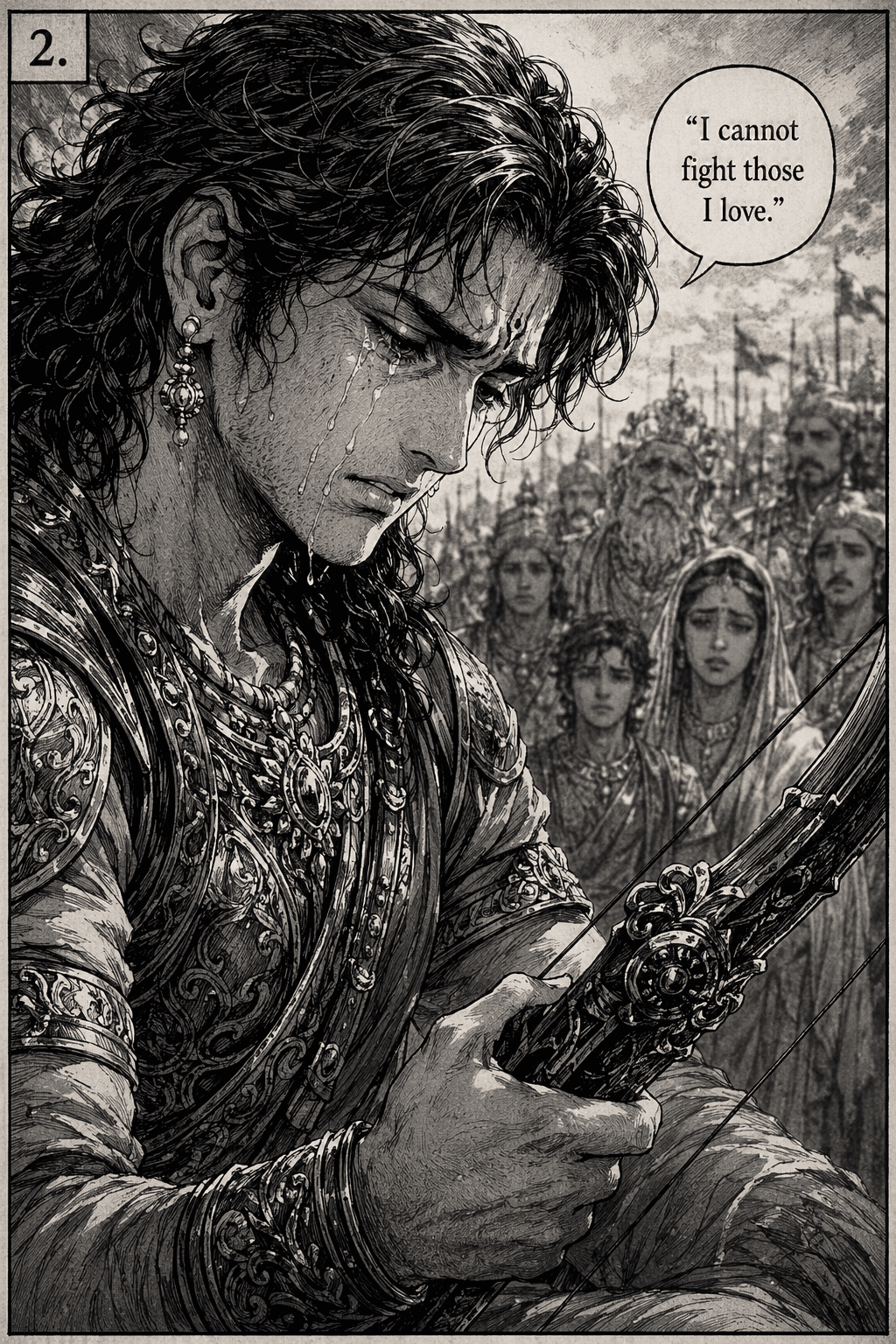 Arjuna in sorrow, holding his bow with tears flowing