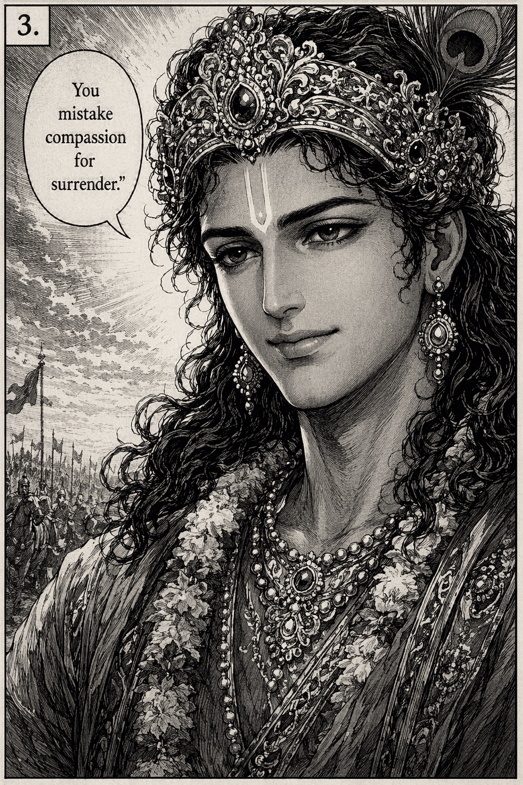 Lord Krishna's serene divine face with peacock crown
