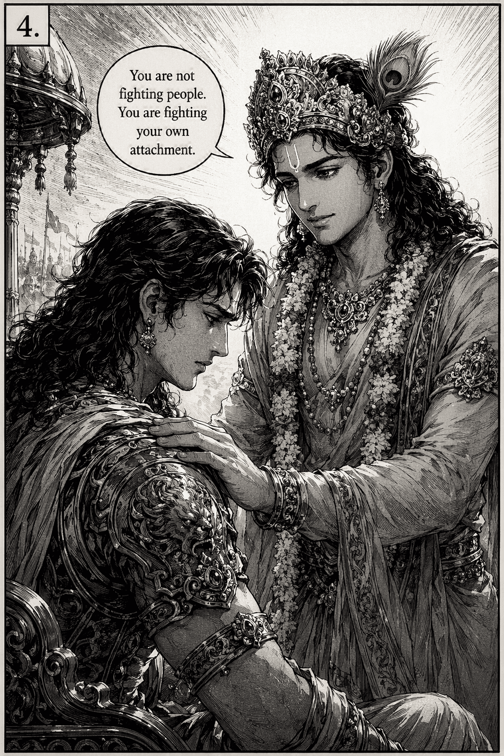 Krishna placing his hand on Arjuna's shoulder, offering guidance
